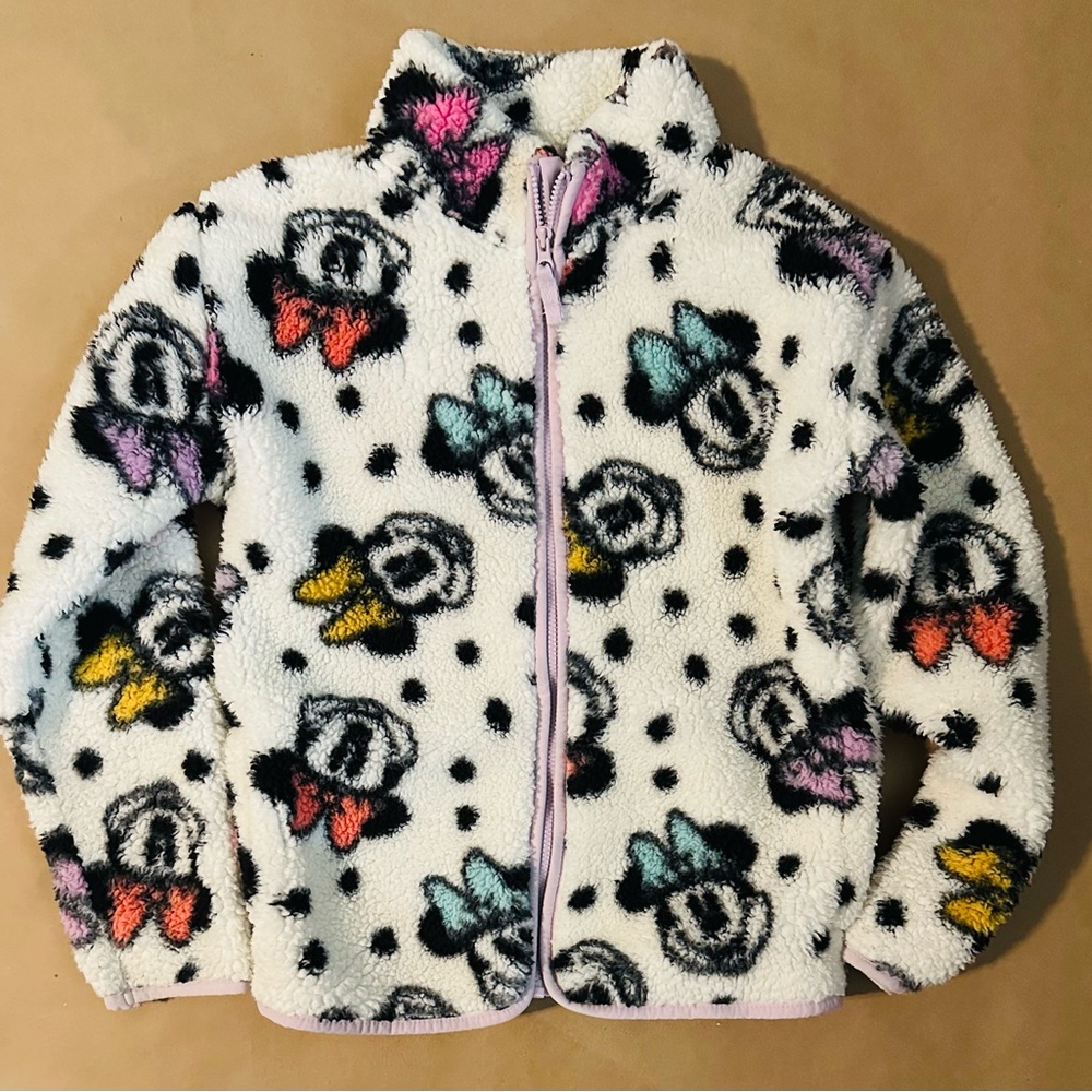 Disney White Sherpa Jacket with Pink, Teal and Black Bow Accents